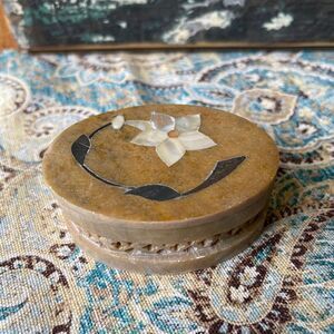Carved Soapstone Trinket Box Mother of Pearl Inlay Oval Lattice Vintage